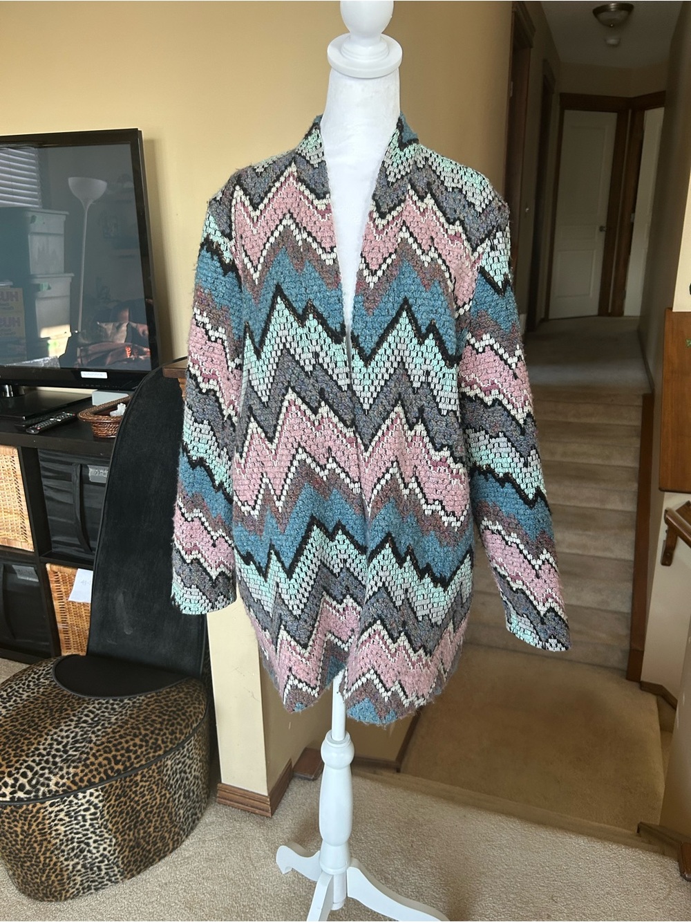 Vintage Chevron Knit Open-Front Women's Sweater Cardigan – Pink, Blue, Gray